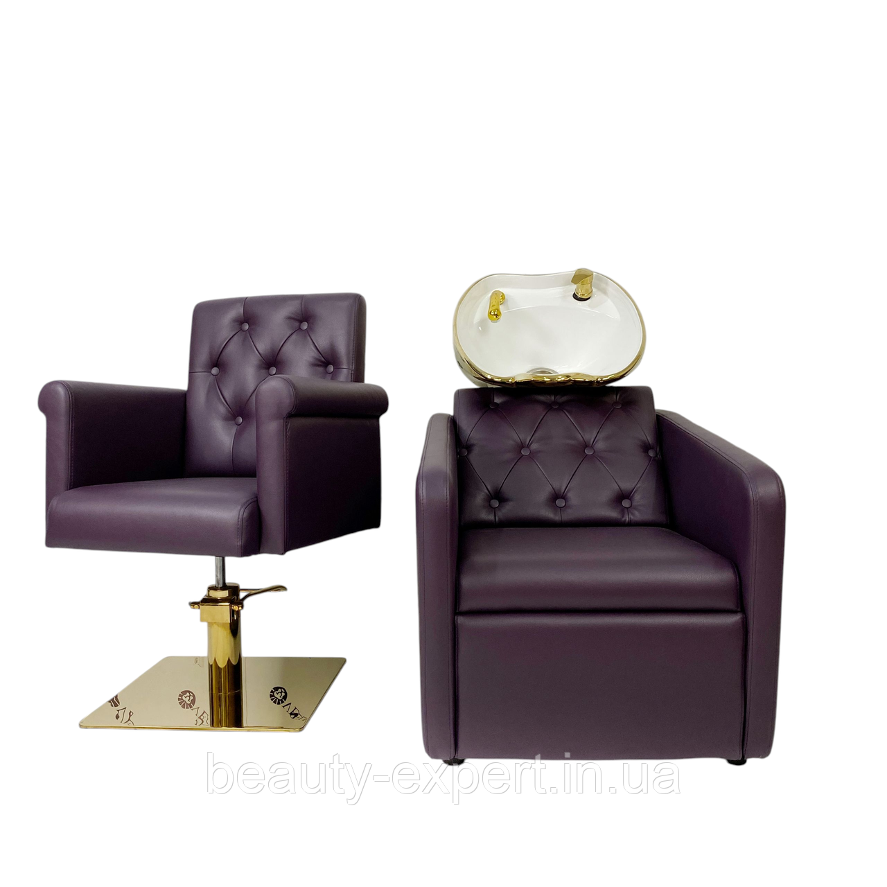 Перукарський комплект меблів GOLD: крісло-мийка Cardinal + крісло Menson колір оббивки Dark Orchid, фото 1
