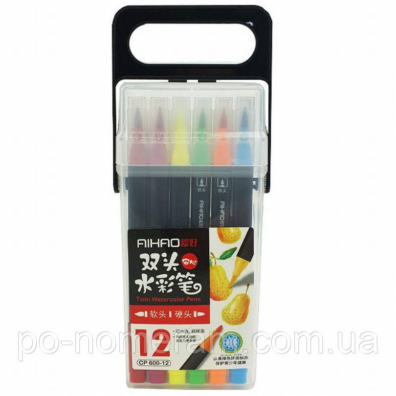 Фломастери AIHAO 12 кол. /AH-CP-600-12/ ДВОСТОРОННІ, пензлик м’який / жорсткий (1/24/96), фото 1