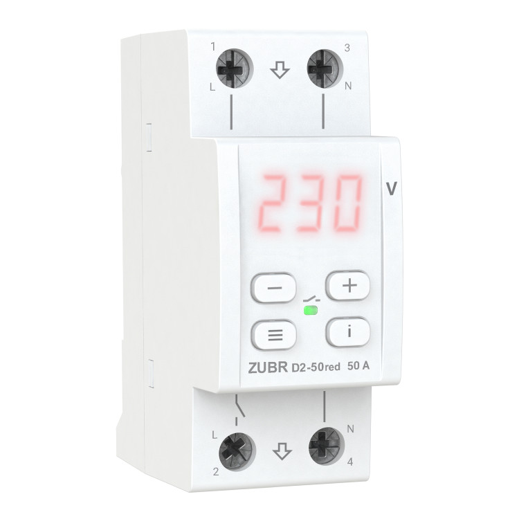 Захисне реле напруги однофазне D2-50 на DIN-рейку, 50А, 11000ВА, 120-280В, двомодульне з індикатором напруги (Червоний), фото 1