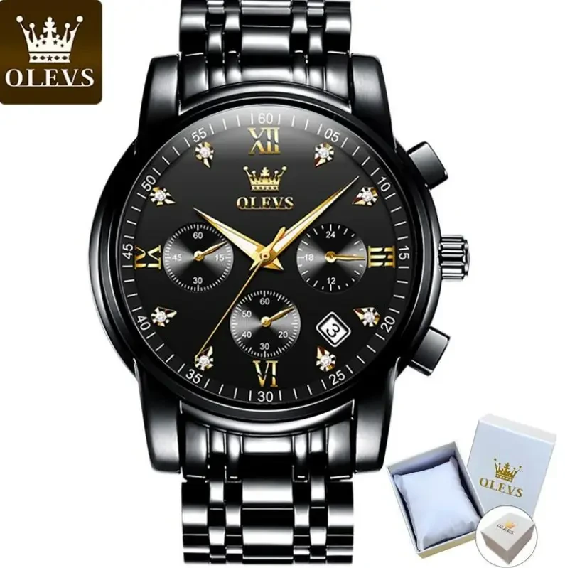 Чоловічий годинник Olevs 2858 Black, класичний кварцовий хронограф, преміум дизайн, чорний браслет, фото 1