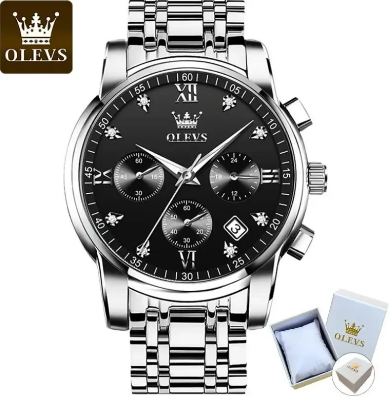 Годинник чоловічий Olevs 2858 Black Natural класичний кварцовий з датою і трьома циферблатами, бізнес-стиль, фото 1