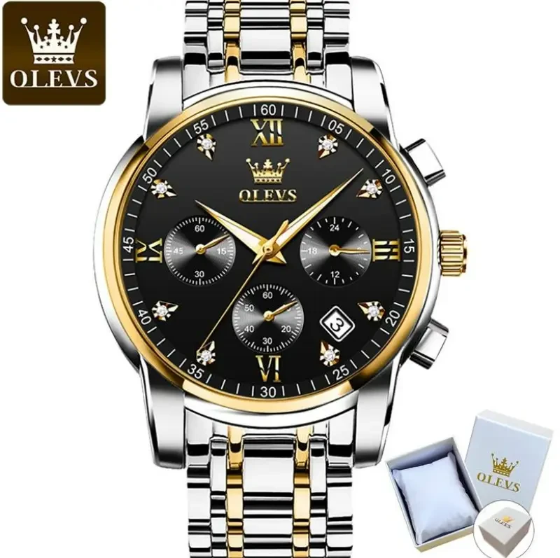 Годинник чоловічий Olevs 2858 Black Accents кварцовий із трьома циферблатами, бізнес-класика з датою, фото 1