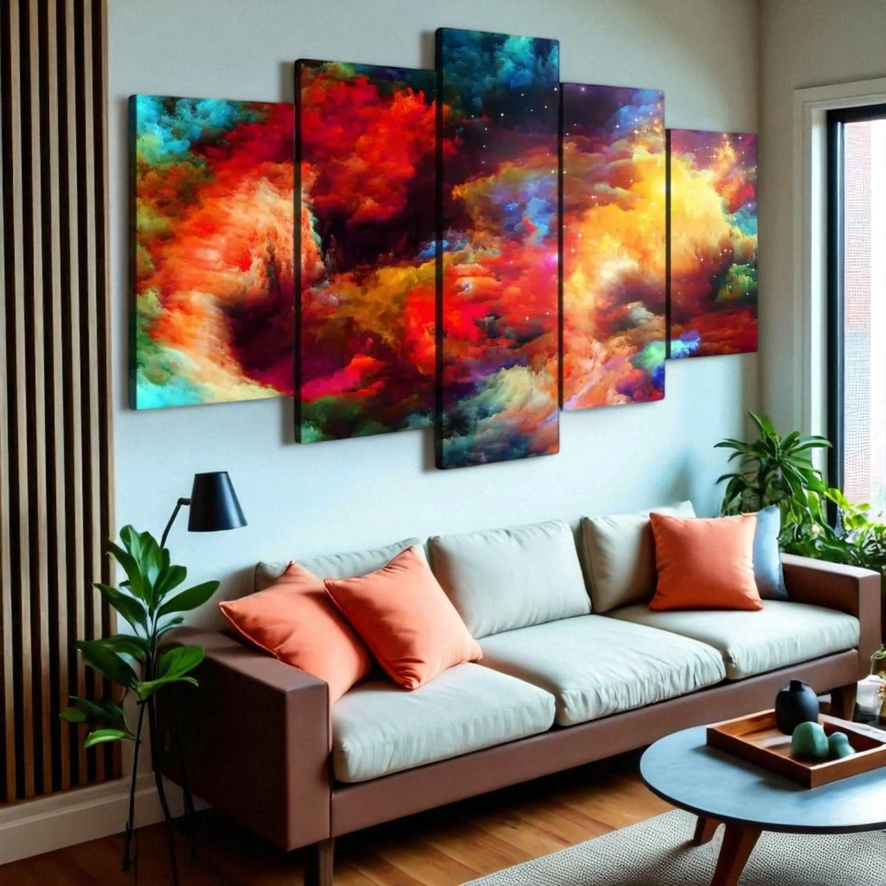 Картина з яскравою абстракцією Настінний декор в сучасний інтер'єр 125х70 із 5 частин, фото 1