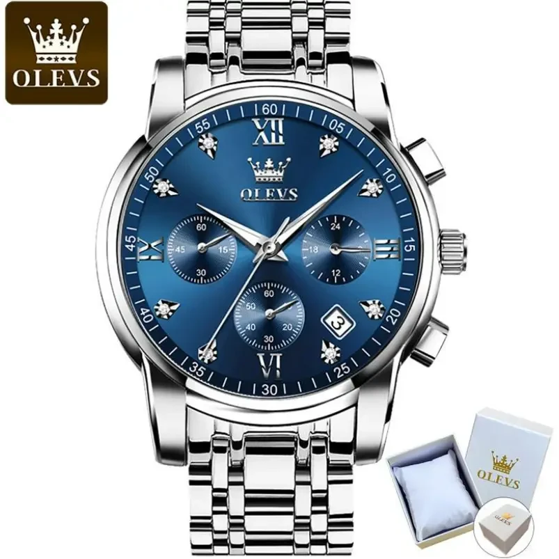 Годинник чоловічий кварцовий Olevs 2858 Blue Natural | Стильний діловий годинник з браслетом та коробкою, фото 1