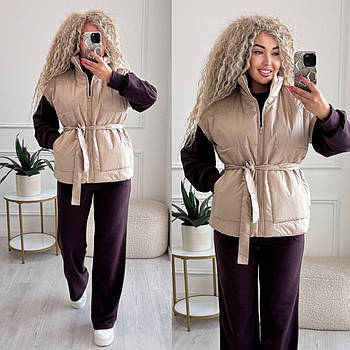 Жилетка жіноча стильна з поясом утеплювач синтипон 150 (Норма та напівбатал)