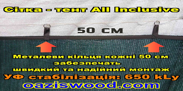 Зелена Тент-сітка All Inclusive із затіняючої сітки з металевими кільцями (люверсами) через 50 см Зелена Тент-сітка All Inclusive із затіняючої сітки з металевими кільцями (люверсами) через 50 см