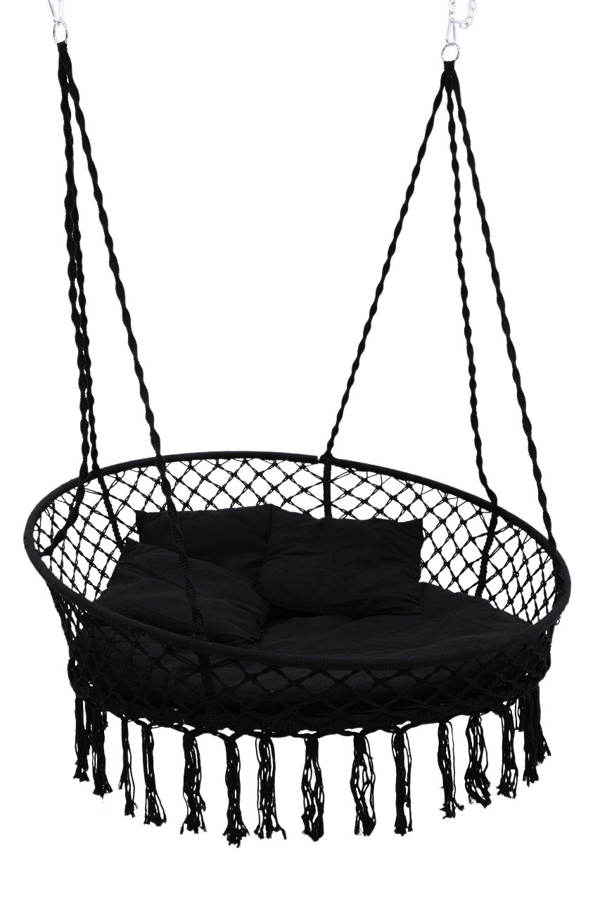 Велика кругла гойдалка підвісна садова 140 см із 4 подушками WCG Підвісне плетене крісло для сім'ї Чорний