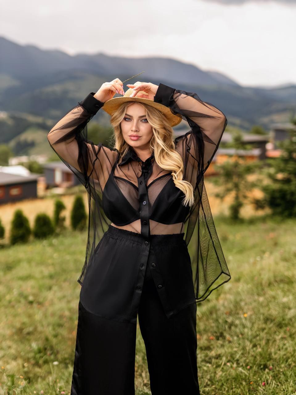 Жіноча сорочка сітка оверсайз великого розміру plussize 48-56 біла і чорна прозора, фото 1