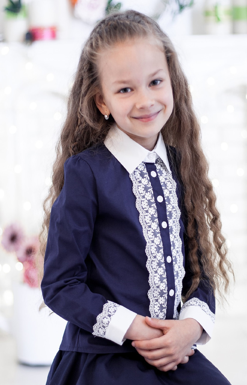 Блузка шкільна 7252 Світ блуз синя з білим мереживом, фото 1