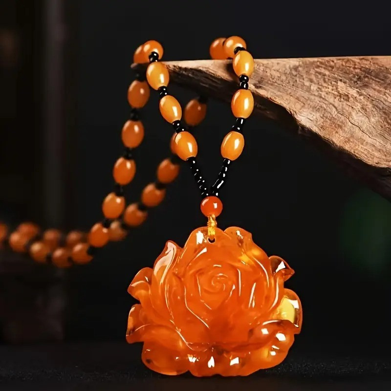 Намисто помаранчева троянда ручне різьблення кварц Богемний стиль 3.6 см 68 см AurumLux007, фото 1