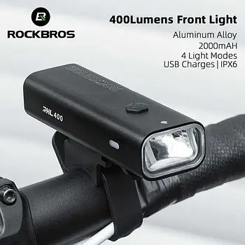 Потужний велосипедний ліхтар Rockbros RHL400 2000 мА·год Алюмінієвий корпус USB Type-С 400 люмен IPX6 Велофара