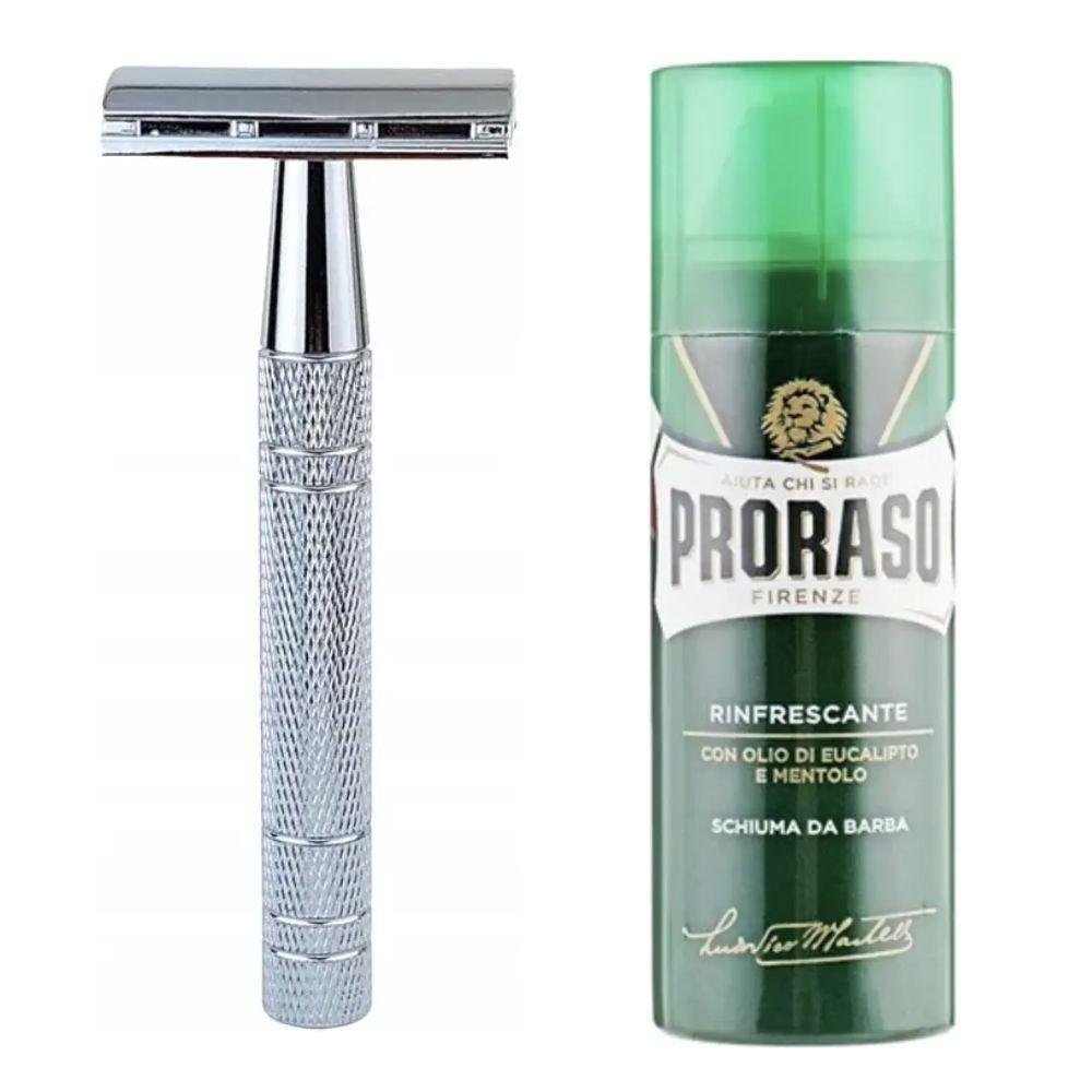 Класична Т-подібна бритва+10 лез + піна для гоління Proraso тонізуюча з евкаліптом і ментолом 100 мл, фото 1