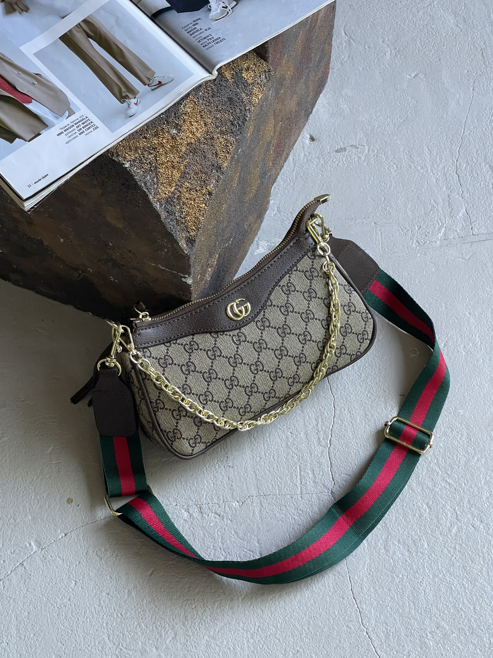 Сумка жіноча Gucci Ophidia коричневий Гуччі через плече на широкому ремені, фото 1