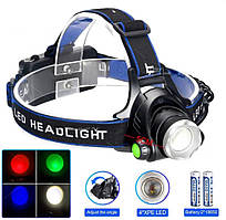 Ліхтар налобний PLD-V9-F-4XPE(RGB), 2x18650, ЗУ Type-C, zoom, Box