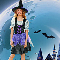 Детское платье со шляпой Ведьма на Хеллоуин размер M 7-10 лет фиолетовый
