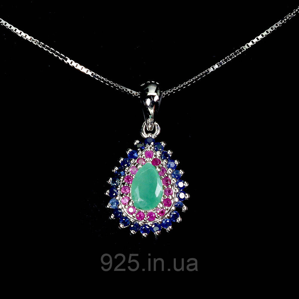 Підвіска. Натуральний смарагд, сапфір і рубін. Срібло 925., фото 1