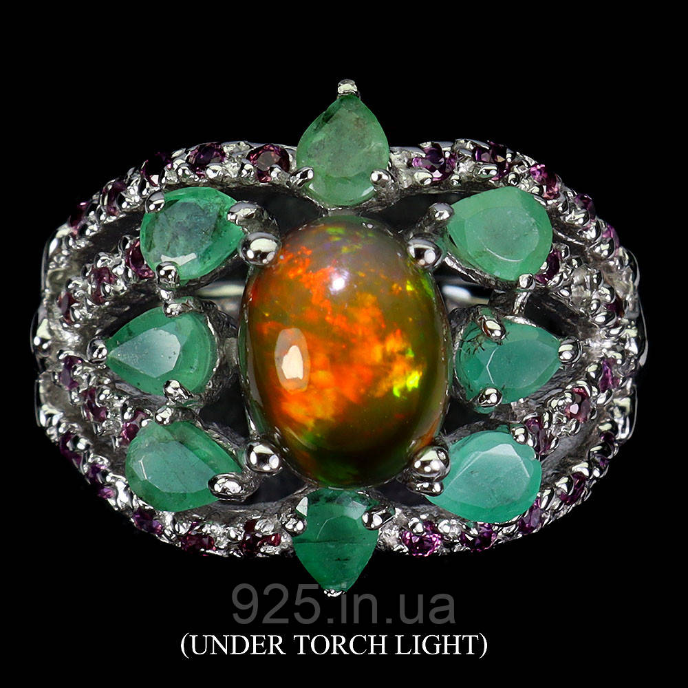 Каблучка. Натуральний опал, смарагд і гранат родоліт. Срібло 925., фото 1