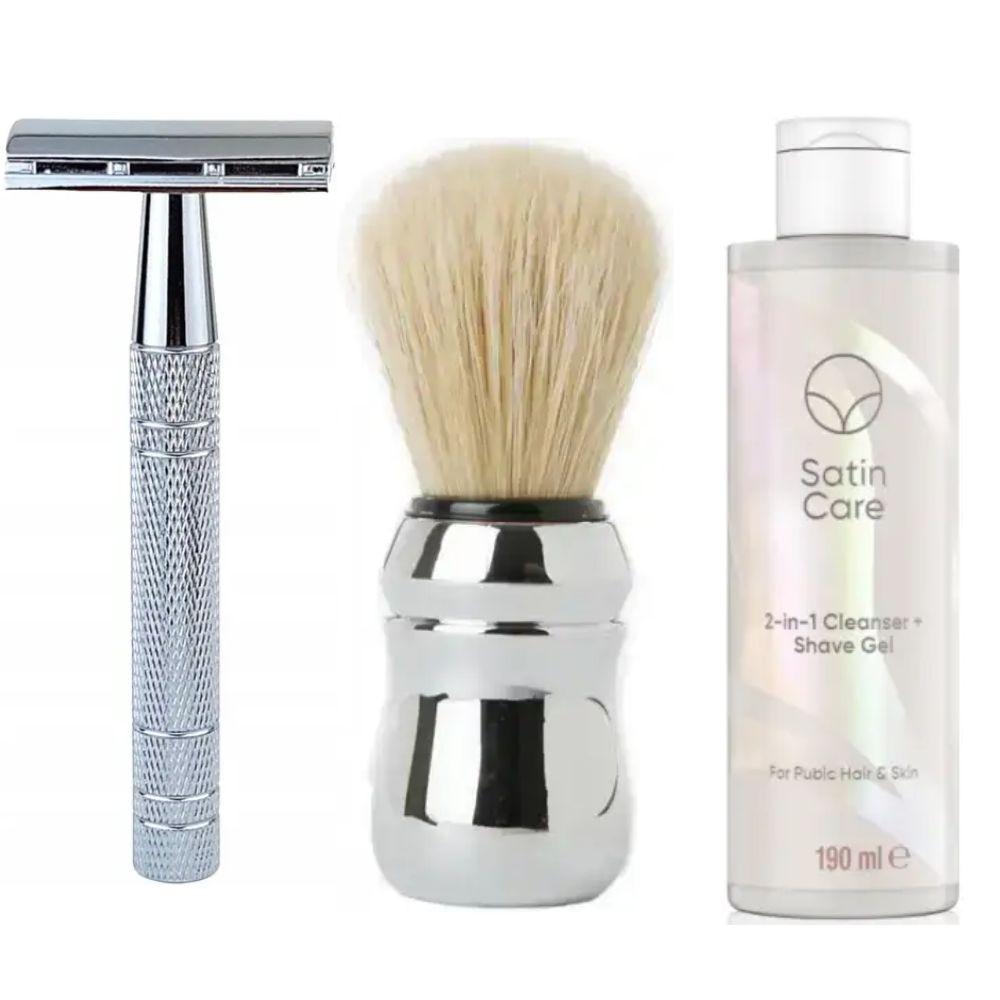 Класична Т-подібна бритва+10 лез + помазок Proraso професійний + гель для гоління інтимної зони Gillette Venus Satin Care 2-в-1, фото 1