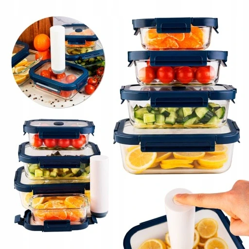 Набір 4 штуки скляних контейнерів для їжі з вакуумними ланчбоксами + насосик