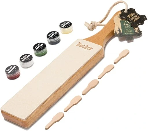 Ремінь зі шкіри для полірування ножів Bacher двосторонній з набором паст