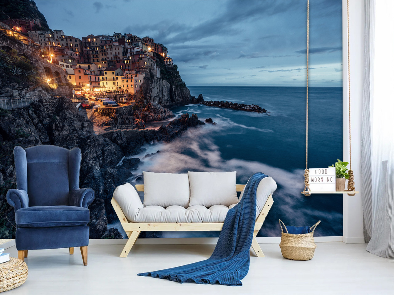 Фотошпалери самоклеюча плівка Oracal, дизайн для вітальні, спальні, зони відпочинку " Місто на схилистих горах біля моря", фото 1