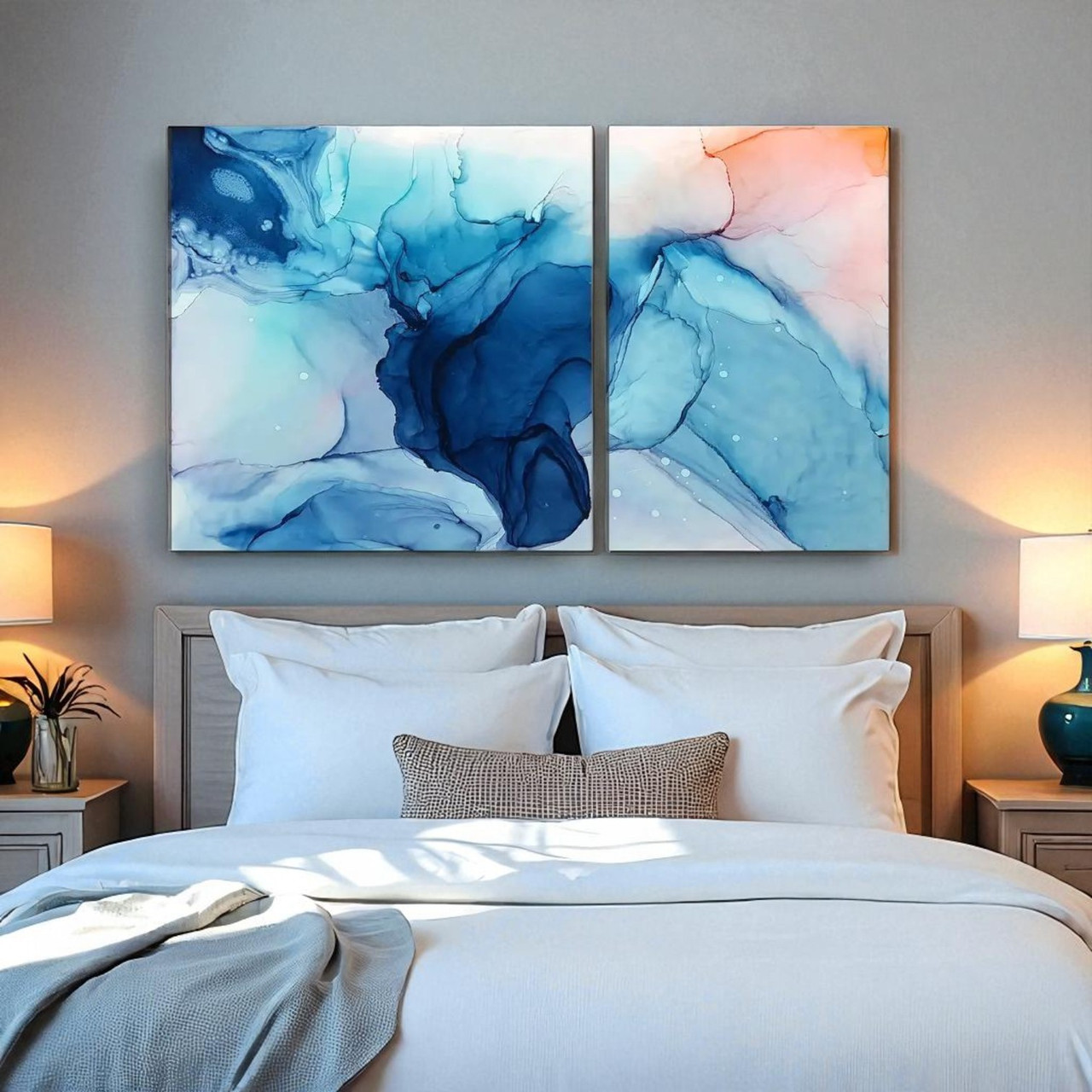 Картина в спокійних пастельних кольорах Акварельні розводи Декор для спальні Друк на полотні 100х60 з 2 частин, фото 1