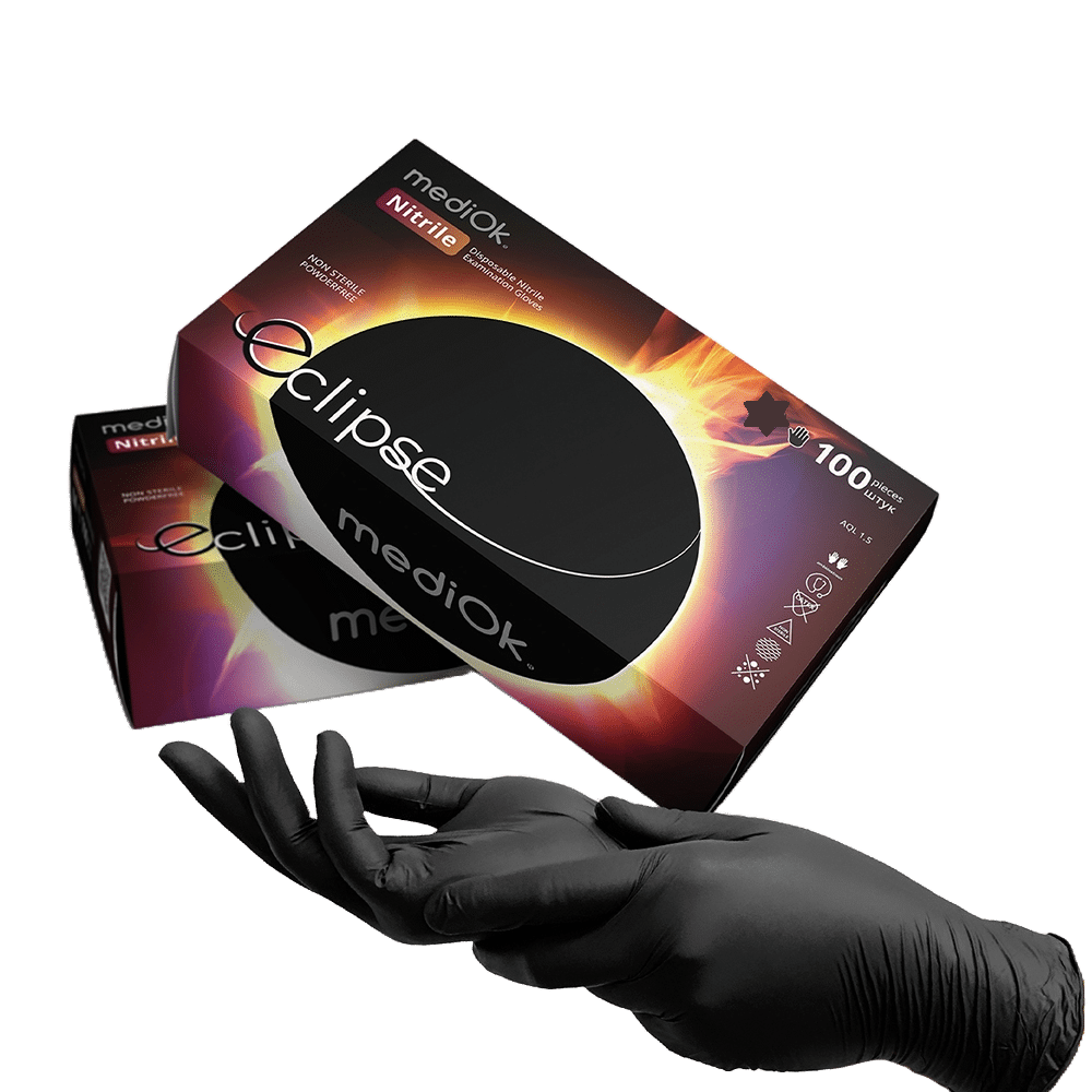 Рукавички нітрилові Mediok Eclipse чорні 100шт L 5г, фото 1