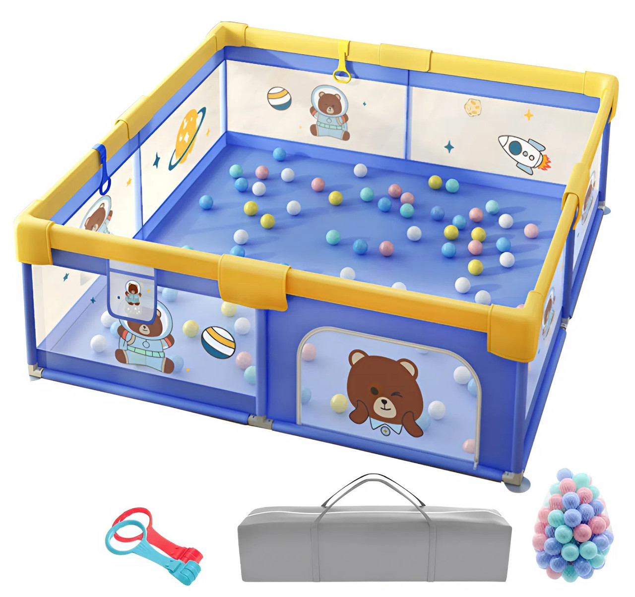 Дитячий манеж Terrio Bear XL 180x200 см з двома ручками і 60 різнокольоровими м'ячами, фото 1