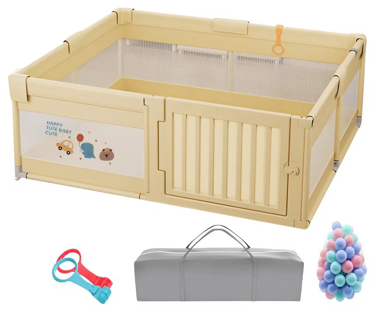 Дитячий манеж Terrio Happy L 150х180 см Жовтий з пластиковими дверима, двома ручками і 60 різнокольоровими м'ячами, фото 1