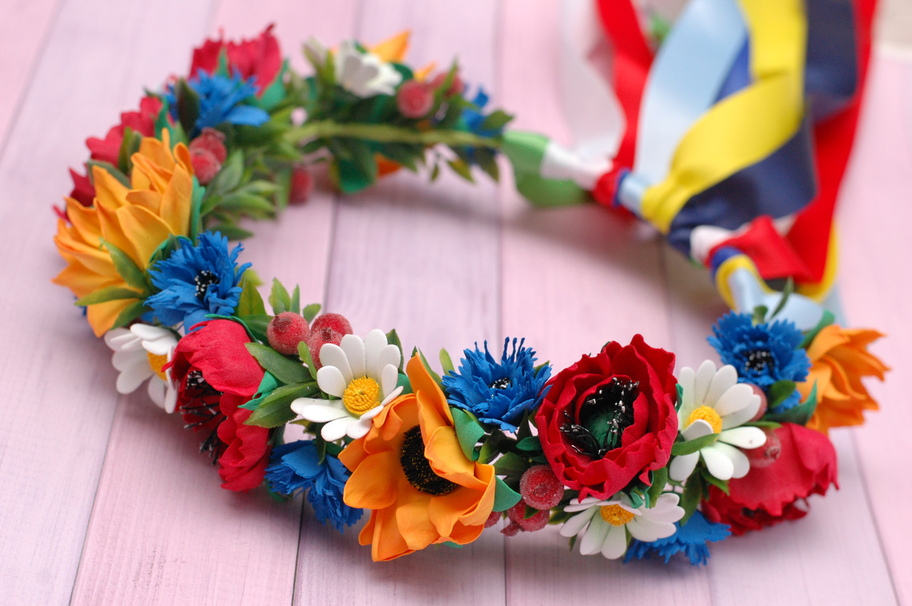 Вінок на голову / віночок для волосся з українськими квітами і стрічками 882 об, фото 1