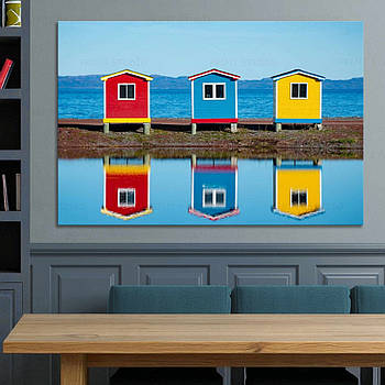 Картина пейзаж пляж з кольоровими будиночками для кухні, вітальні Друк на полотні Яскравий сучасний декор 60х40см