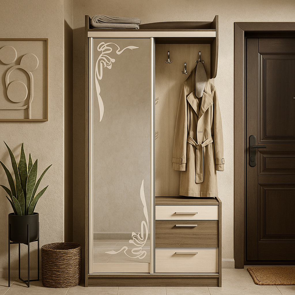 Маленька шафа купе 100 см у передпокій вузька з дзеркалом і тумбою для взуття глибиною 35 см Таня купе Летро (15 кольорів), фото 1