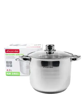 Каструля висока 4,5 л. з неіржавкої сталі Kamille KM 5401 зі скляною кришкою, фото 1