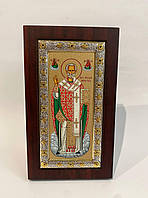 Серебряная икона Святого Николая в деревянной рамке 10х18см