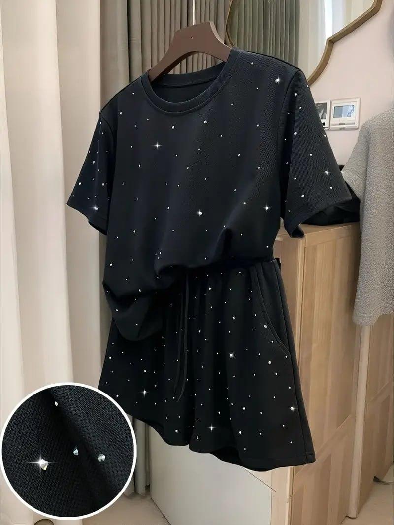 Стильний жіночий костюм футболка та шорти зі стразами, фото 1