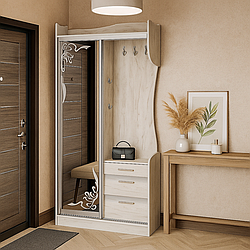 Біла сучасна маленька прихожа купе 100 см у вузький коридор з дзеркалом вішалкою і тумбою для взуття Таня-купе Летро