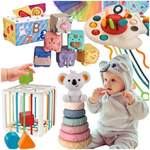 Розвиваючі іграшки з кубиками формами фігурками Дитячий комплект 34 предмети з пірамідкою серветками каола, фото 1