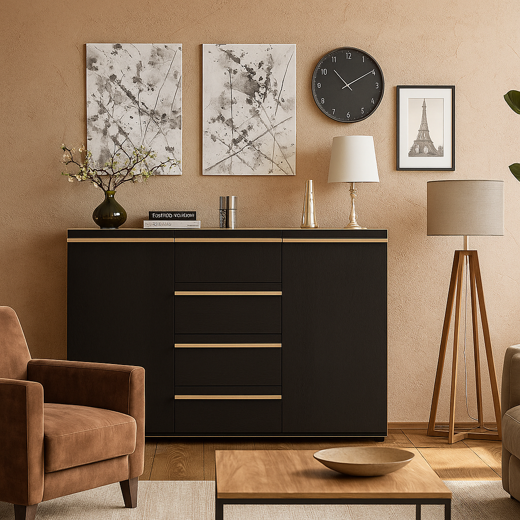 Стильний високий комод 135 см чорний комбінований з дверцятами та шухлядами у вітальню зал Денвер Мебель Сервіс