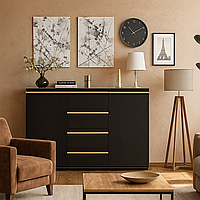 Стильний високий комод 135 см чорний комбінований з дверцятами та шухлядами у вітальню зал Денвер Мебель Сервіс
