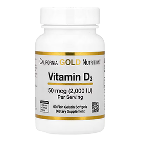 Вітамін D3 Д3 50 мкг (2000 МО) California Gold Nutrition 90 капсул із риб’ячого желатину