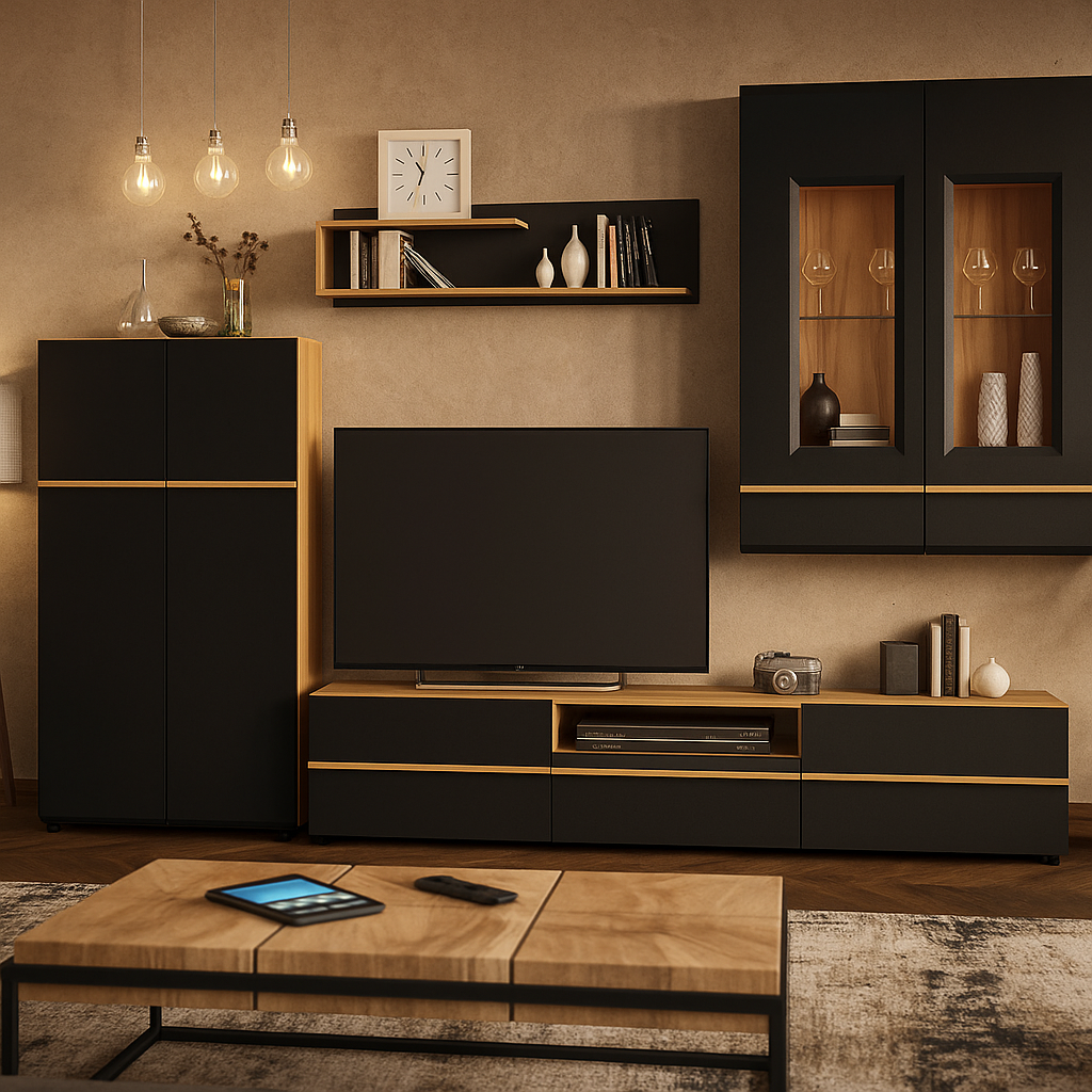 Красива стінка під телевізор 3 метри в стилі модерн у вітальню зал Денвер Мебель Сервіс бук белензон чорний, фото 1