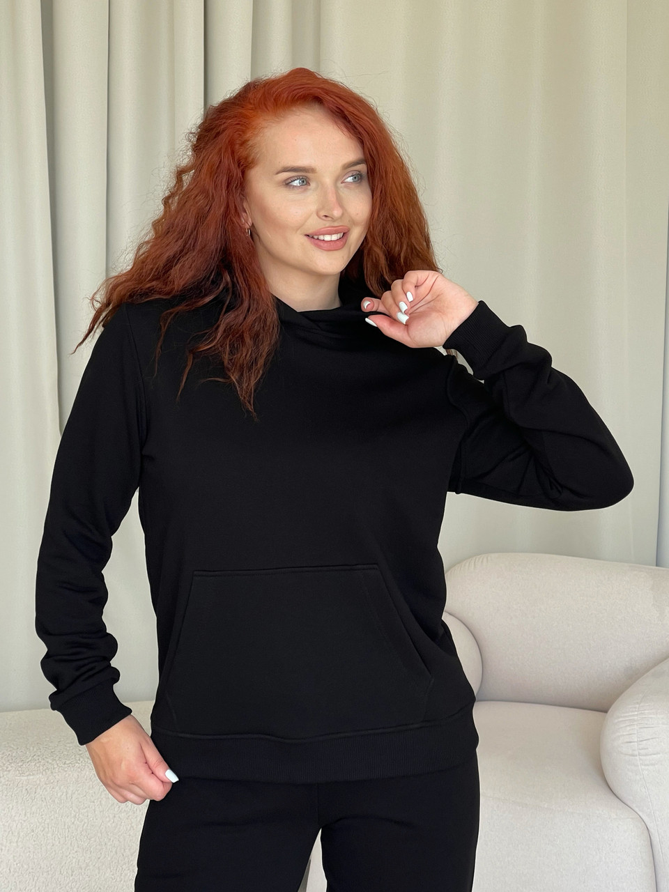Жіноче худі оверсайз осіннє весняне чорне Кофта з капюшоном бавовняна, фото 1
