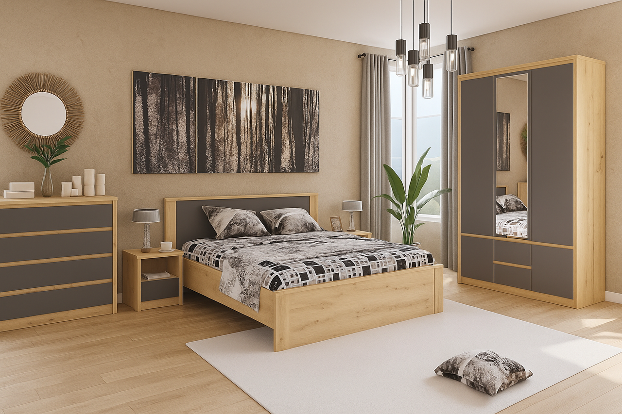 Комплект красивих модульних меблів з ДСП в спальню Домініка розпашна шафа з ліжком комодом тумбою та дзеркалом у сучасному стилі, фото 1