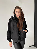 Стильний жіночий жилет з капюшоном (Розмір XS-S(42-44), M-L(46-48), XL-XXL(50-52), 3-4 XL (54-56)), Чорний