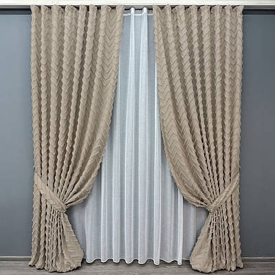 Комплект (2шт 1x2,7м + 3х2,7м) штор Льон Букле з тюлем, колір бежевий з білим (1812ш-115т) 71-036/1