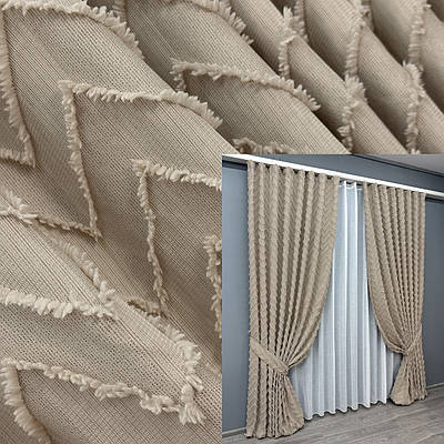 Комплект штор (2шт. 1,5х2,95м.) Льон Букле. Колір бежевий. Код 1812ш 33-0788