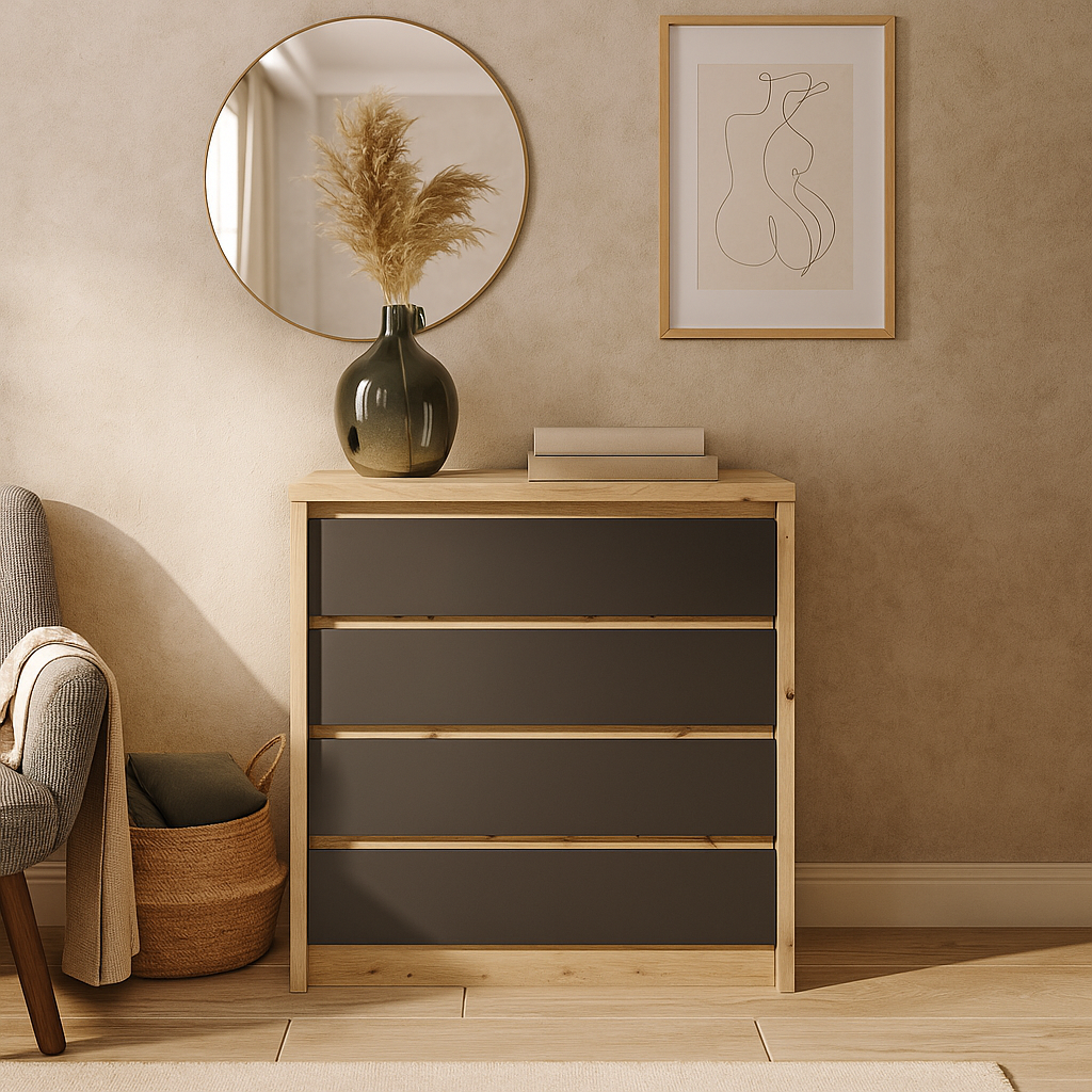 Сучасний комод на 4 шухляди 90 см без ручок для речей у спальню дуб артизан сірий Домініка Мебель Сервіс