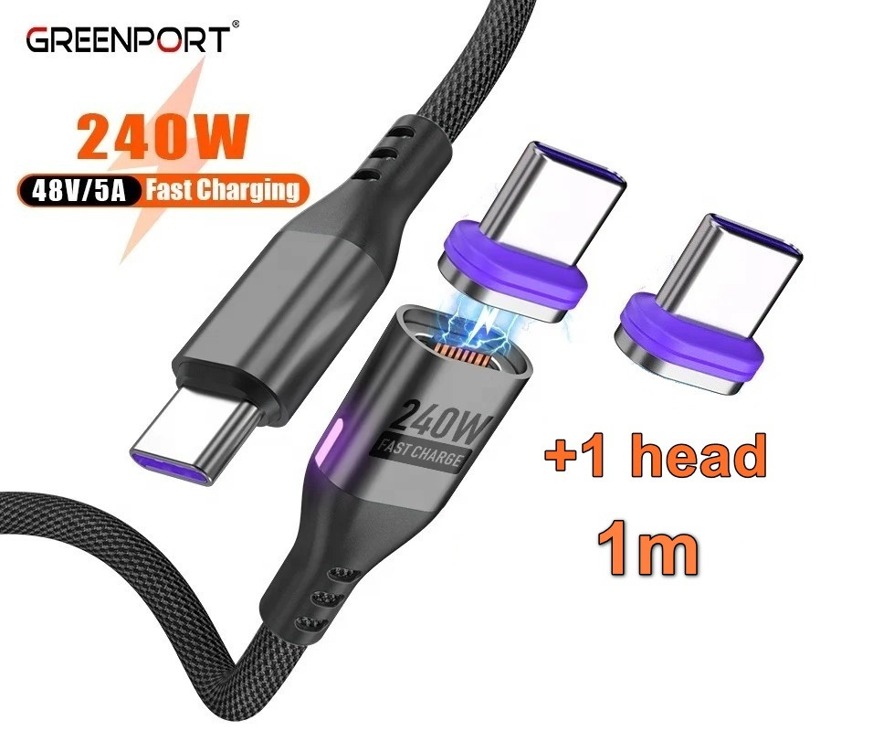 Магнітний кабель Type-C 240Вт 48В/5А+ запасний конектор 1м GREENPORT, фото 1