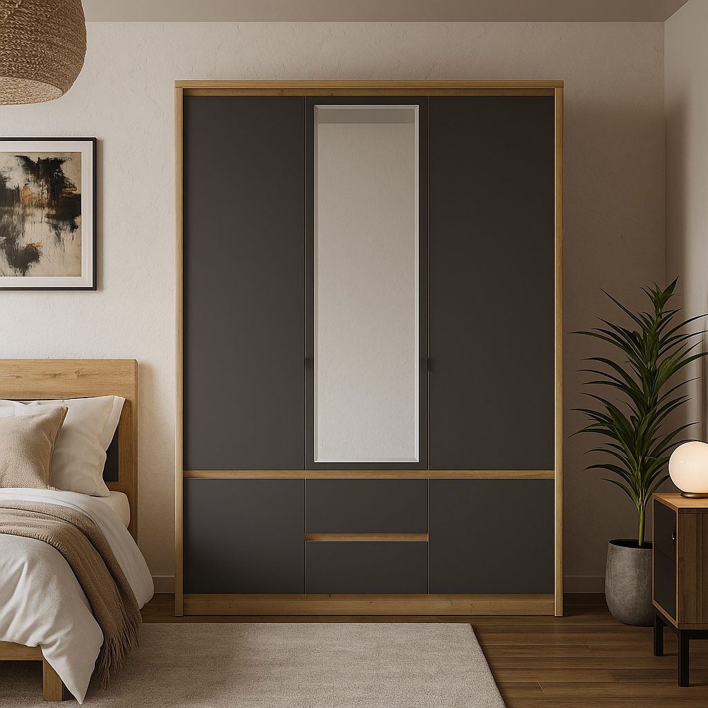 Сучасна розпашна шафа тридверна без ручок 140 см з дзеркалом і шухлядами в спальню Домініка Мебель Сервіс