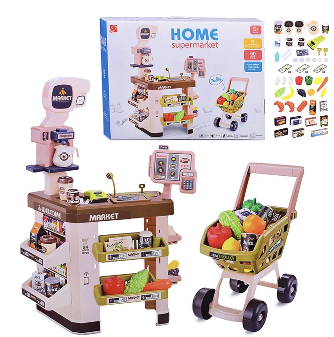 "Дитячий Супермаркет 668-111 – 64 аксесуари, звук та світло, каса, сканер, ваги та візочок", фото 1